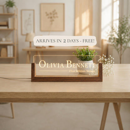 Personalized LED Desk Name Plate, Custom Acrylic Office Sign with Wooden Base (Arrives in 2 Days)