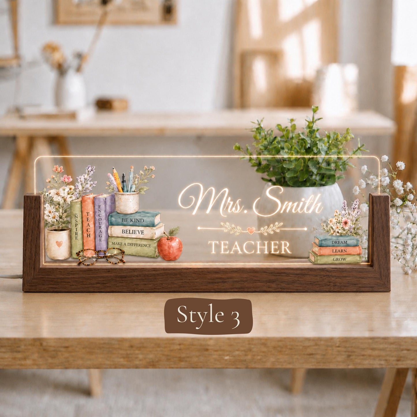 Personalized LED Teacher Desk Nameplate, Custom Wooden Classroom Sign, Teacher Name Plate Gift