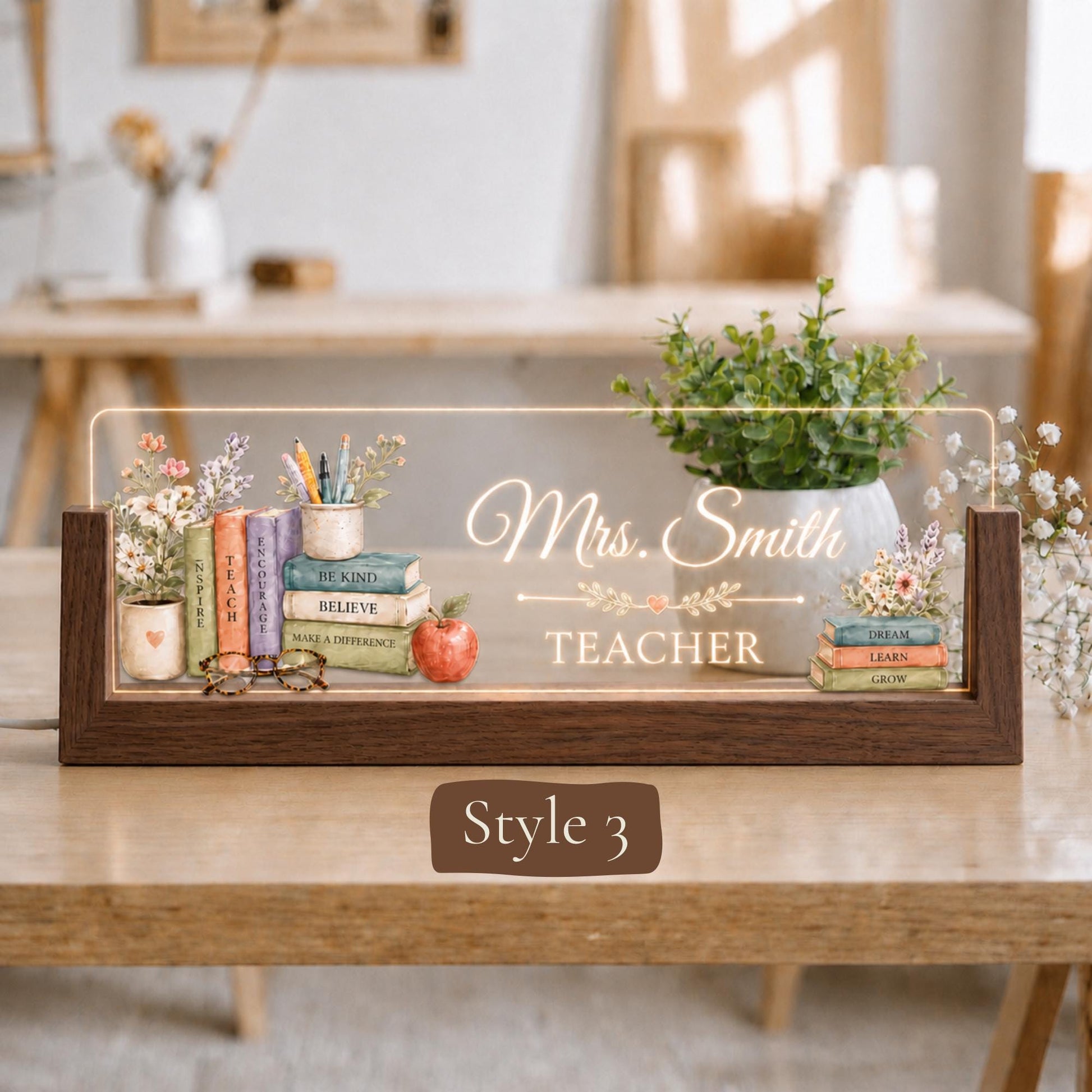 Personalized LED Teacher Desk Nameplate, Custom Wooden Classroom Sign, Teacher Name Plate Gift