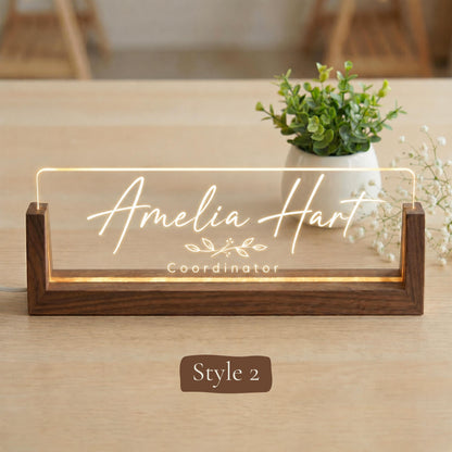 Personalized LED Desk Name Plate, Custom Acrylic Office Sign with Wooden Base (Arrives in 2 Days)