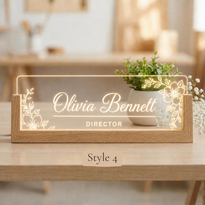 Personalized LED Desk Name Plate, Custom Acrylic Office Sign with Wooden Base (Arrives in 2 Days)