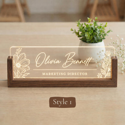 Personalized LED Desk Name Plate, Custom Acrylic Office Sign with Wooden Base (Arrives in 2 Days)