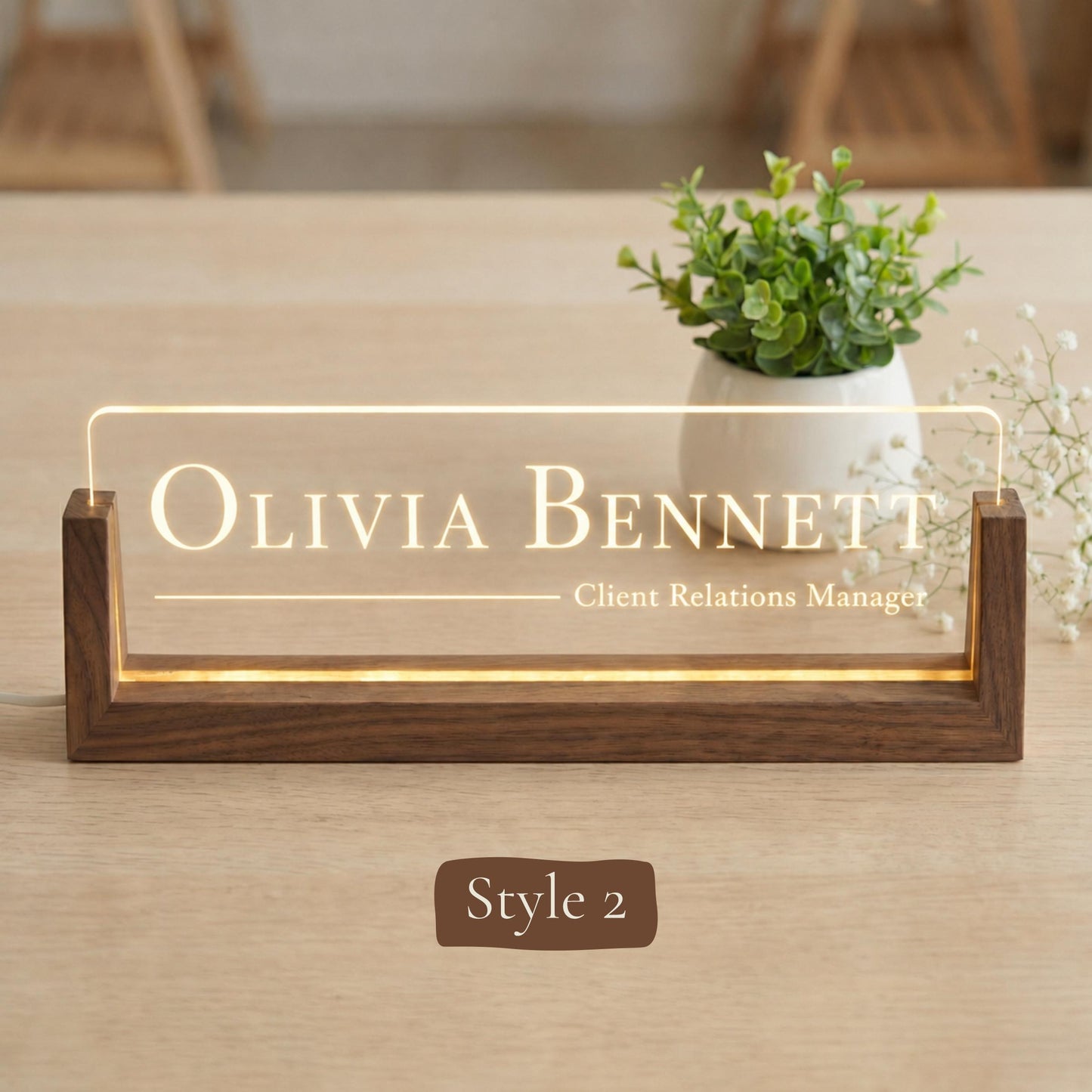 Personalized LED Desk Name Plate, Custom Acrylic Office Sign with Wooden Base (Arrives in 2 Days)
