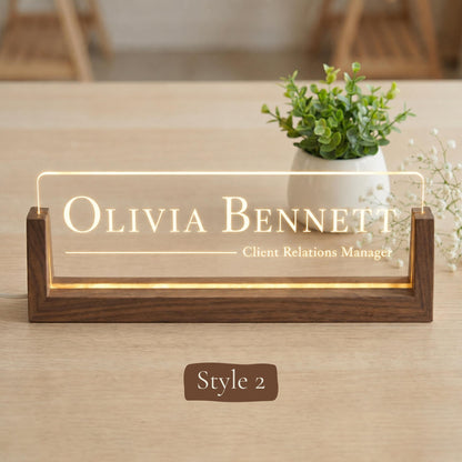 Personalized LED Desk Name Plate, Custom Acrylic Office Sign with Wooden Base (Arrives in 2 Days)