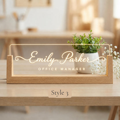 Personalized LED Desk Name Plate, Custom Acrylic Office Sign with Wooden Base (Arrives in 2 Days)