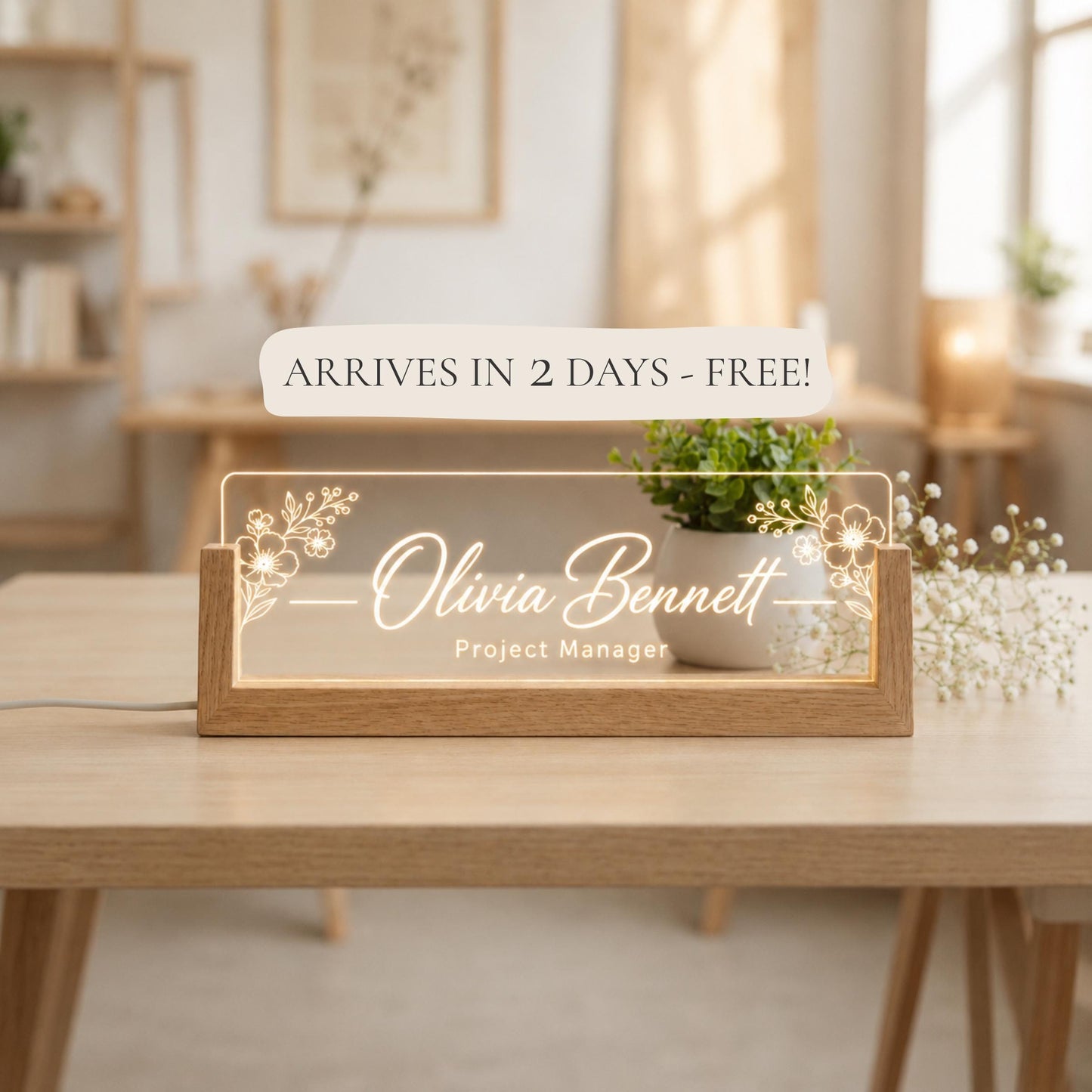 Personalized LED Desk Name Plate, Custom Acrylic Office Sign with Wooden Base (Arrives in 2 Days)