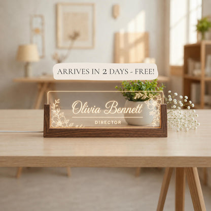 Personalized LED Desk Name Plate, Custom Acrylic Office Sign with Wooden Base (Arrives in 2 Days)