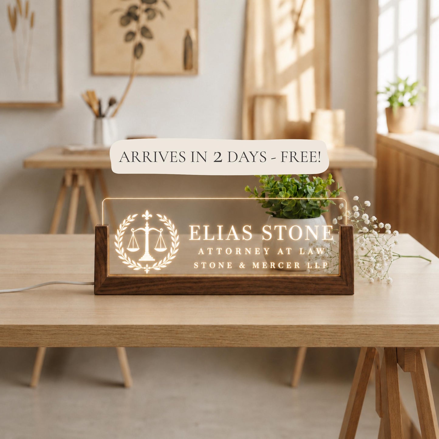 Attorney At Law LED Nameplate, Personalized Lawyer Desk Sign, Custom Law Office Decor, Bar Exam Gift