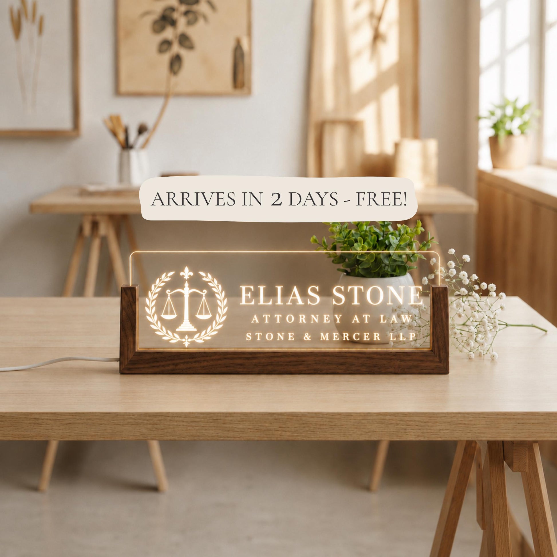 Attorney At Law LED Nameplate, Personalized Lawyer Desk Sign, Custom Law Office Decor, Bar Exam Gift
