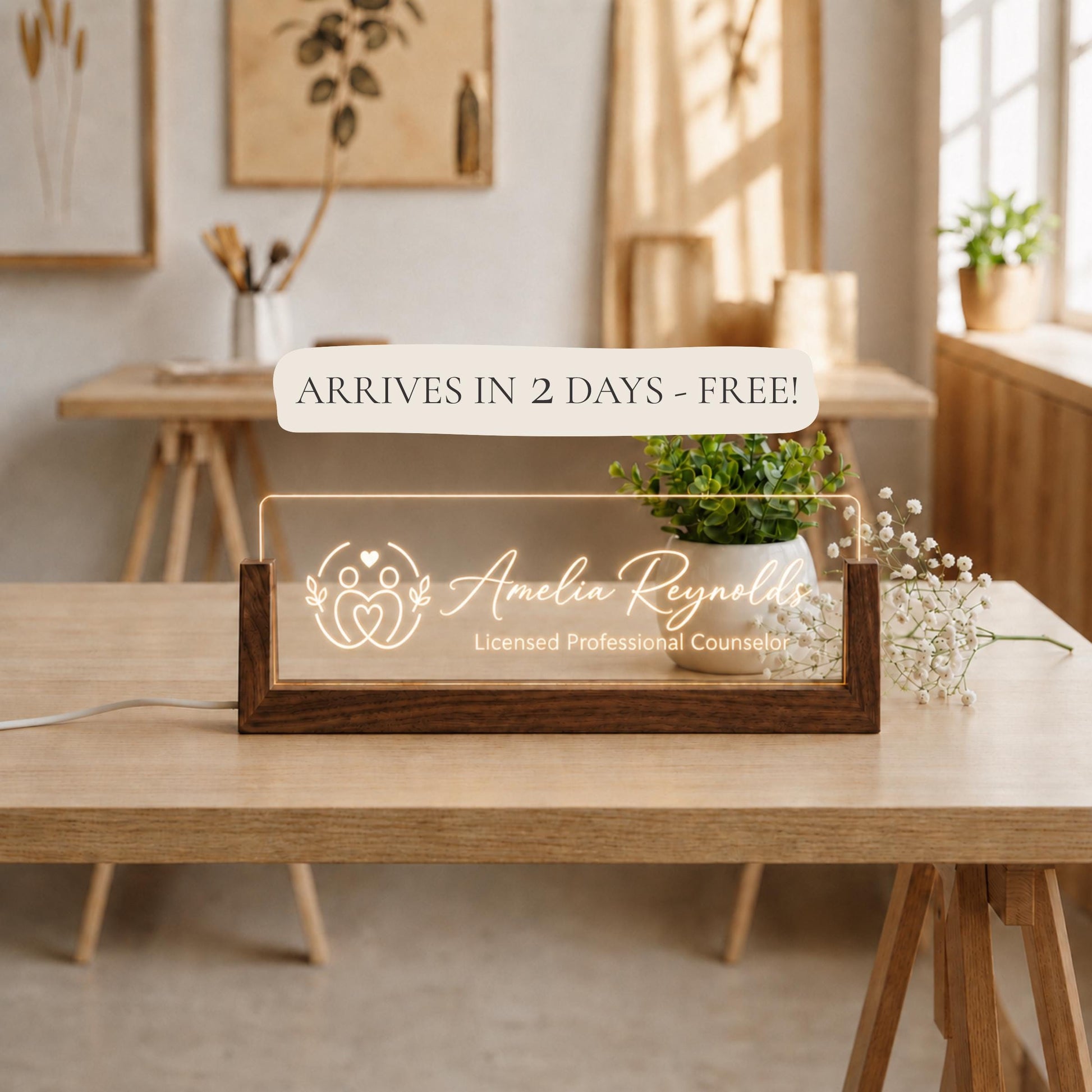 Professional Counselor LED Nameplate, Personalized Counseling Office Desk Sign, Custom Therapist Office Decor