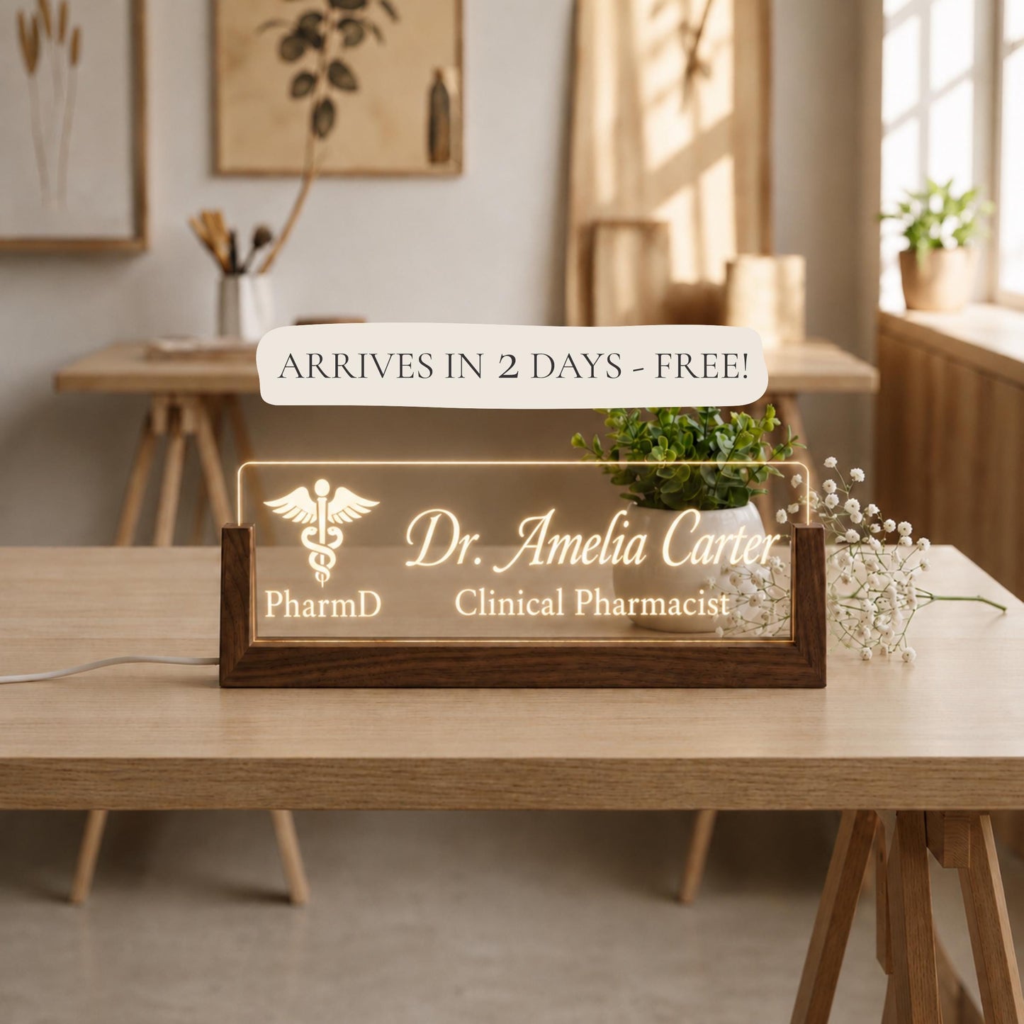 Clinical Pharmacist LED Nameplate, Personalized PharmD Desk Sign, Custom Hospital Pharmacy Office Decor