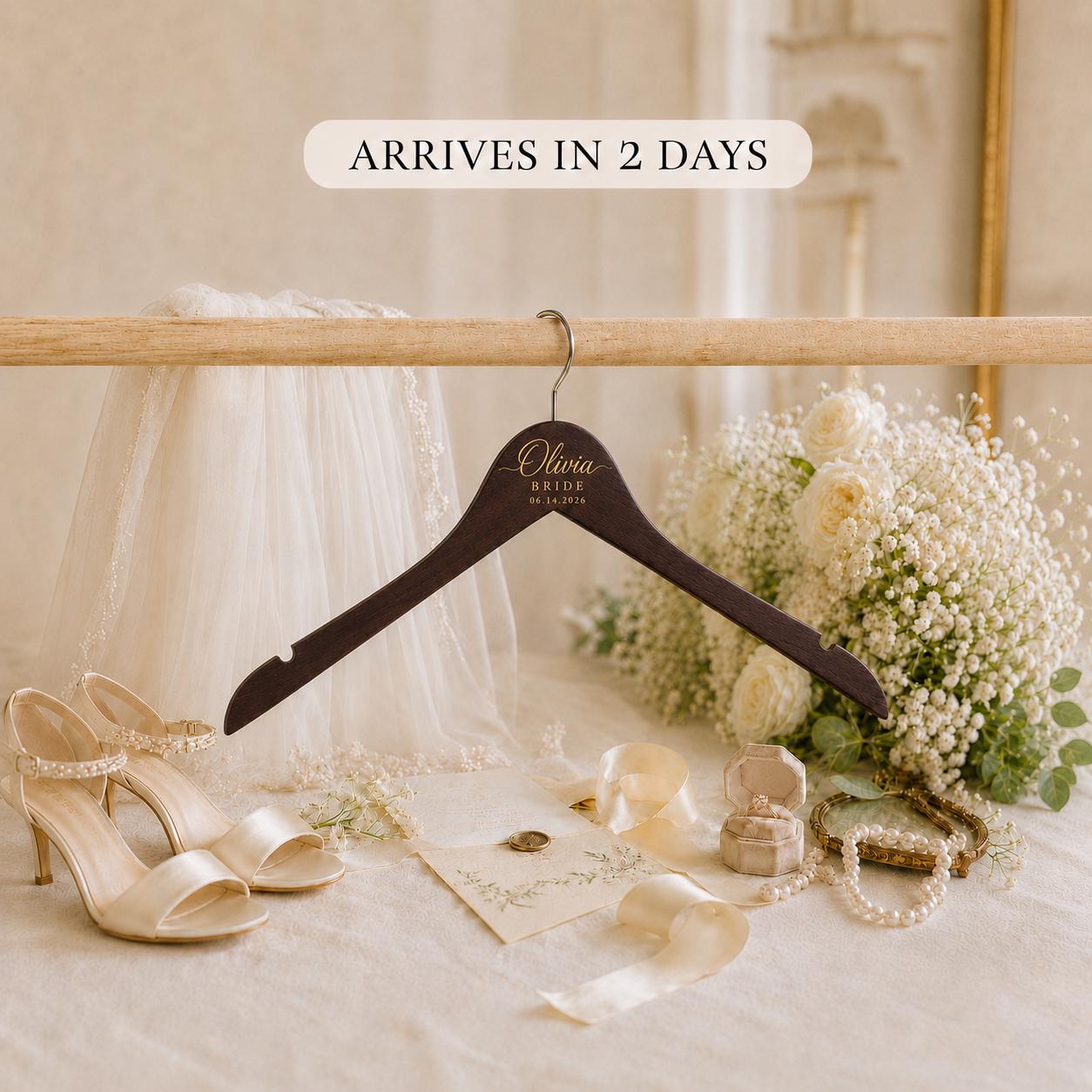 Personalized Dark Wooden Wedding Hanger, Custom Bride Hanger with Name & Date, Bridesmaid Dress Hanger, Bridal Party Gift