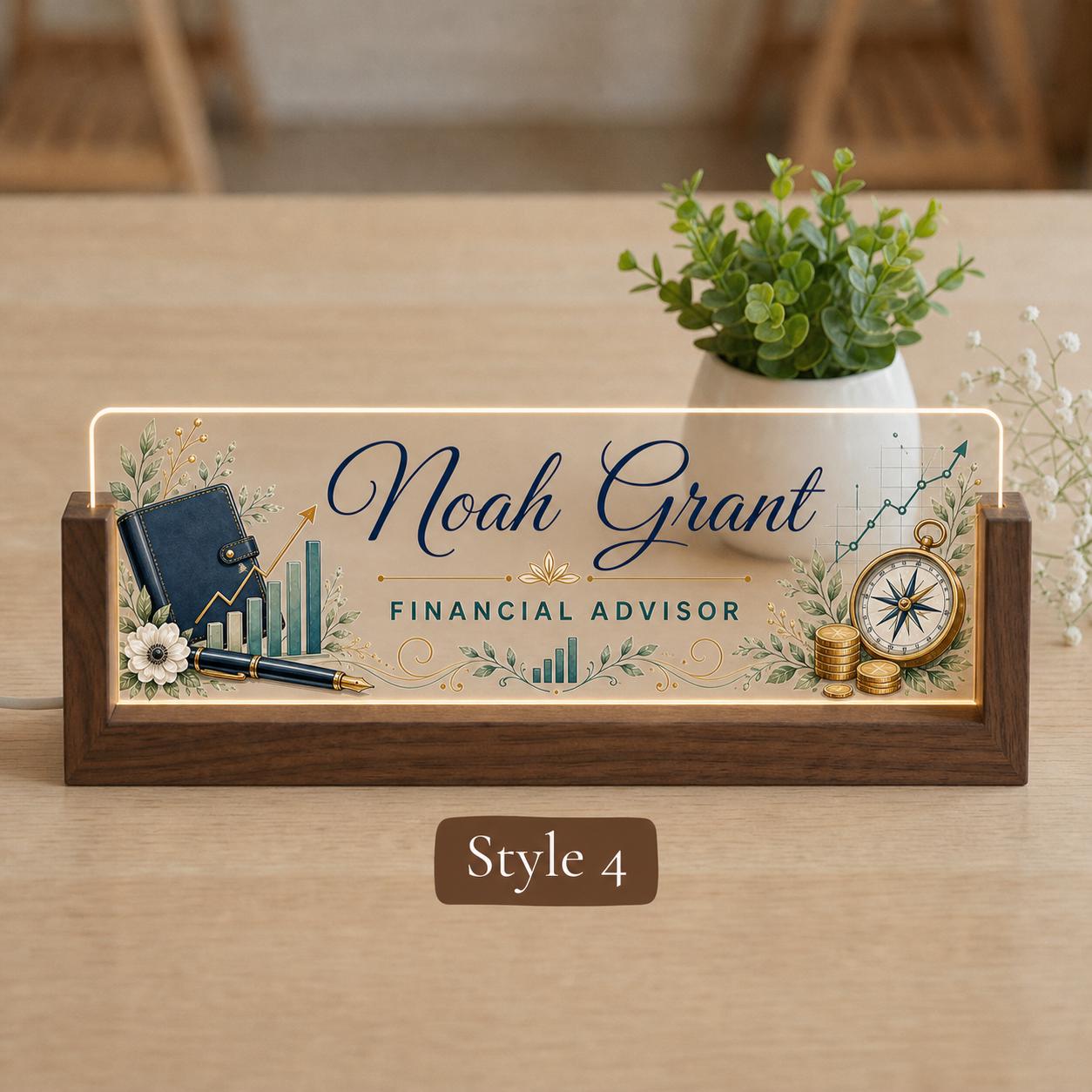 Personalized Financial Advisor LED Nameplate, Custom Finance Desk Sign, Promotion Gift