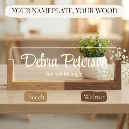 Beech and walnut base choices for the RN LED Nameplate