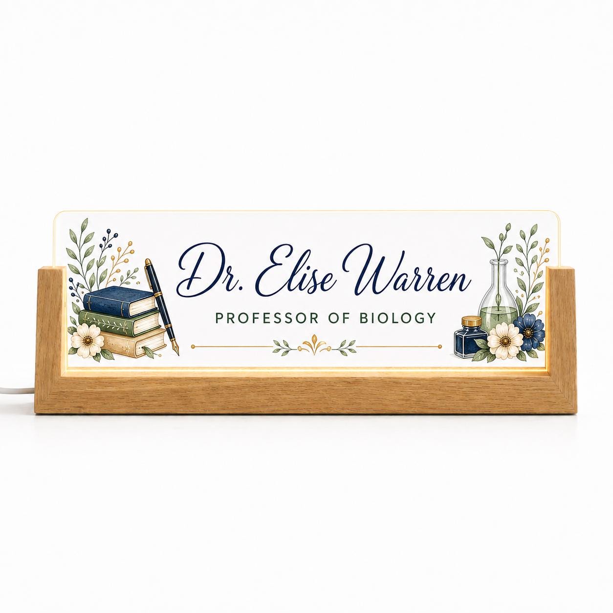 Personalized Professor LED Nameplate with a beech wood base