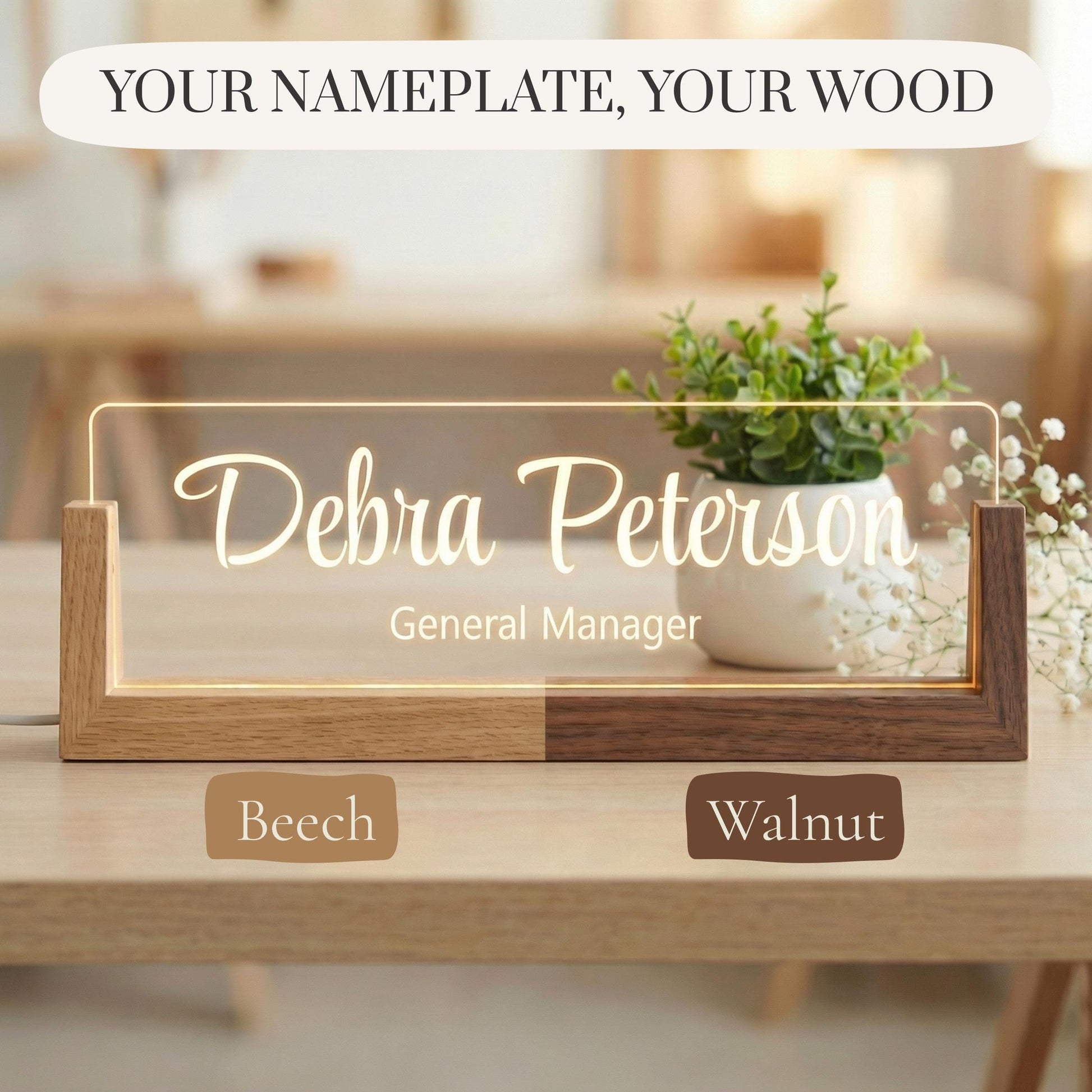 Beech and walnut base choices for the Professor LED Nameplate