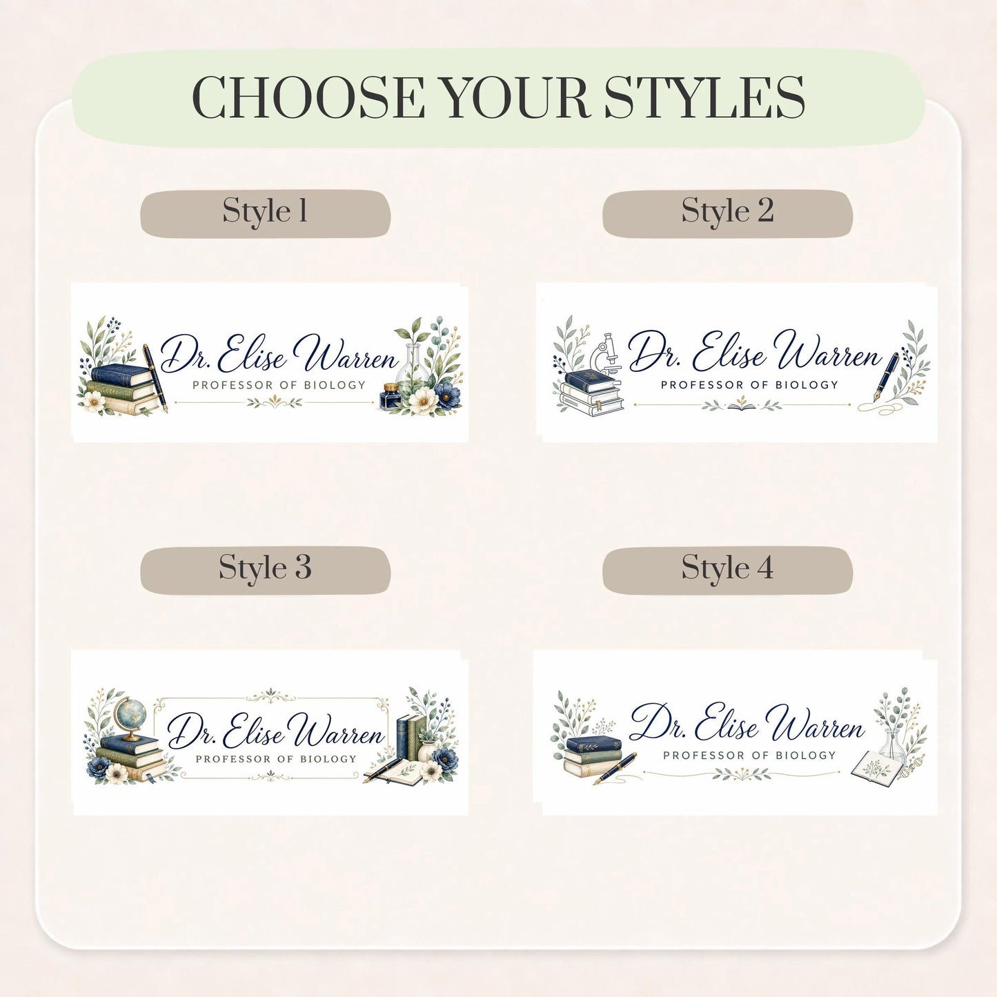 Four design styles for the Professor LED Nameplate