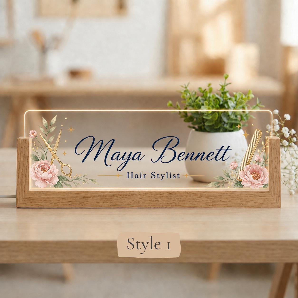 Personalized Hair Stylist LED Nameplate, Custom Salon Desk Sign, Hairdresser Gift