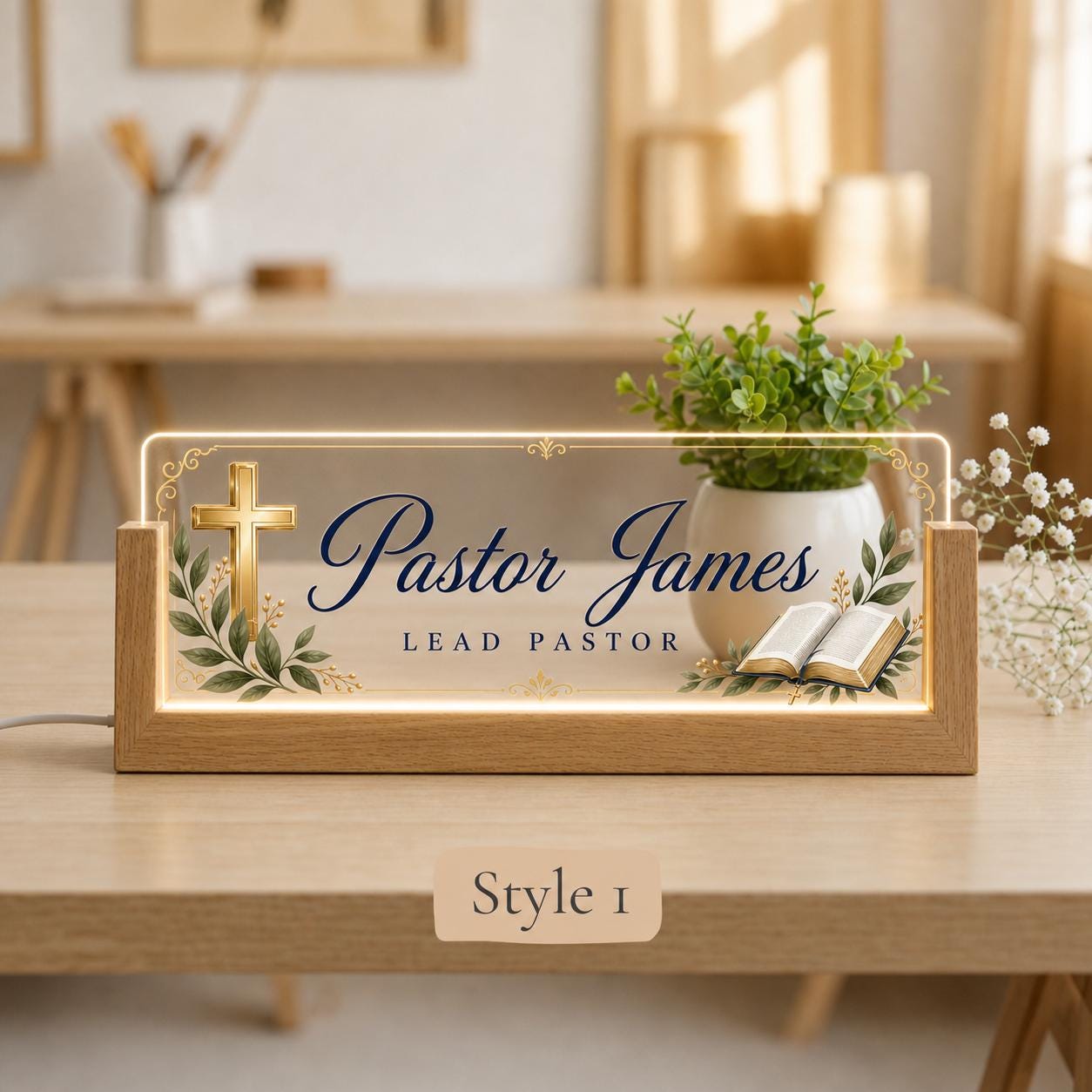 Personalized Pastor LED Nameplate, Custom Minister Desk Sign, Church Office Gift