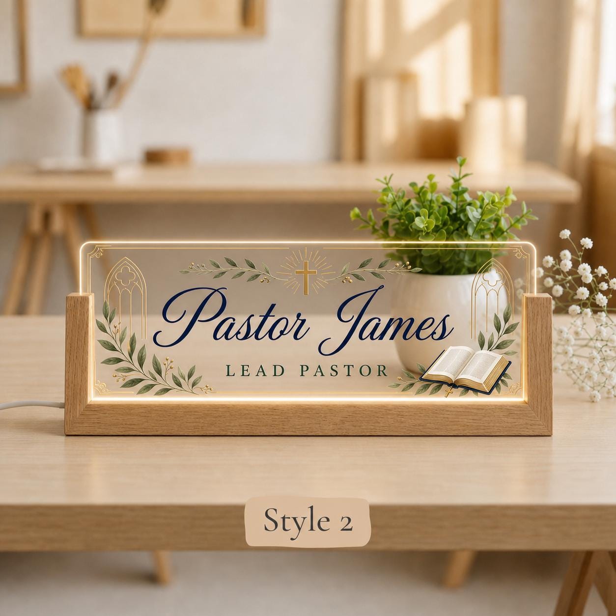 Personalized Pastor LED Nameplate, Custom Minister Desk Sign, Church Office Gift