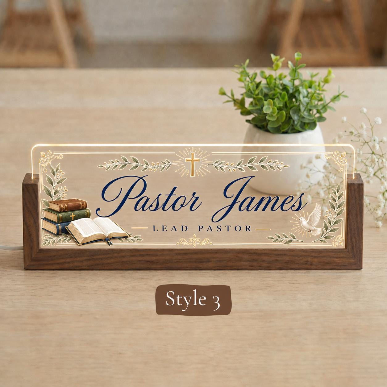 Personalized Pastor LED Nameplate, Custom Minister Desk Sign, Church Office Gift