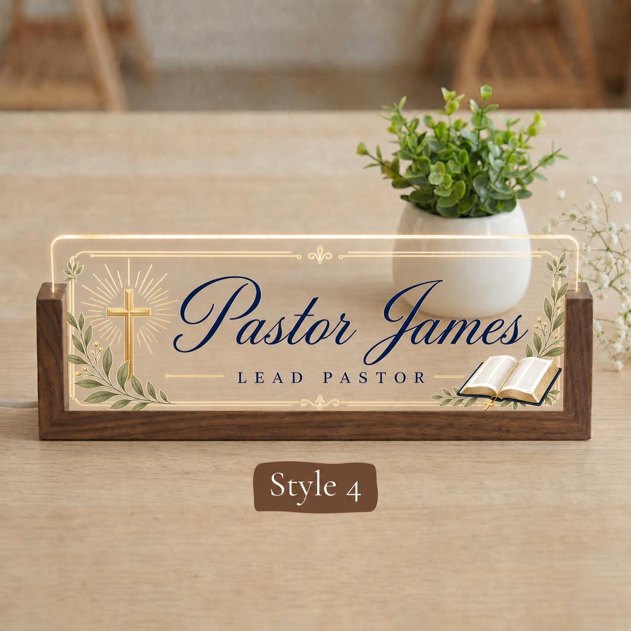 Personalized Pastor LED Nameplate, Custom Minister Desk Sign, Church Office Gift