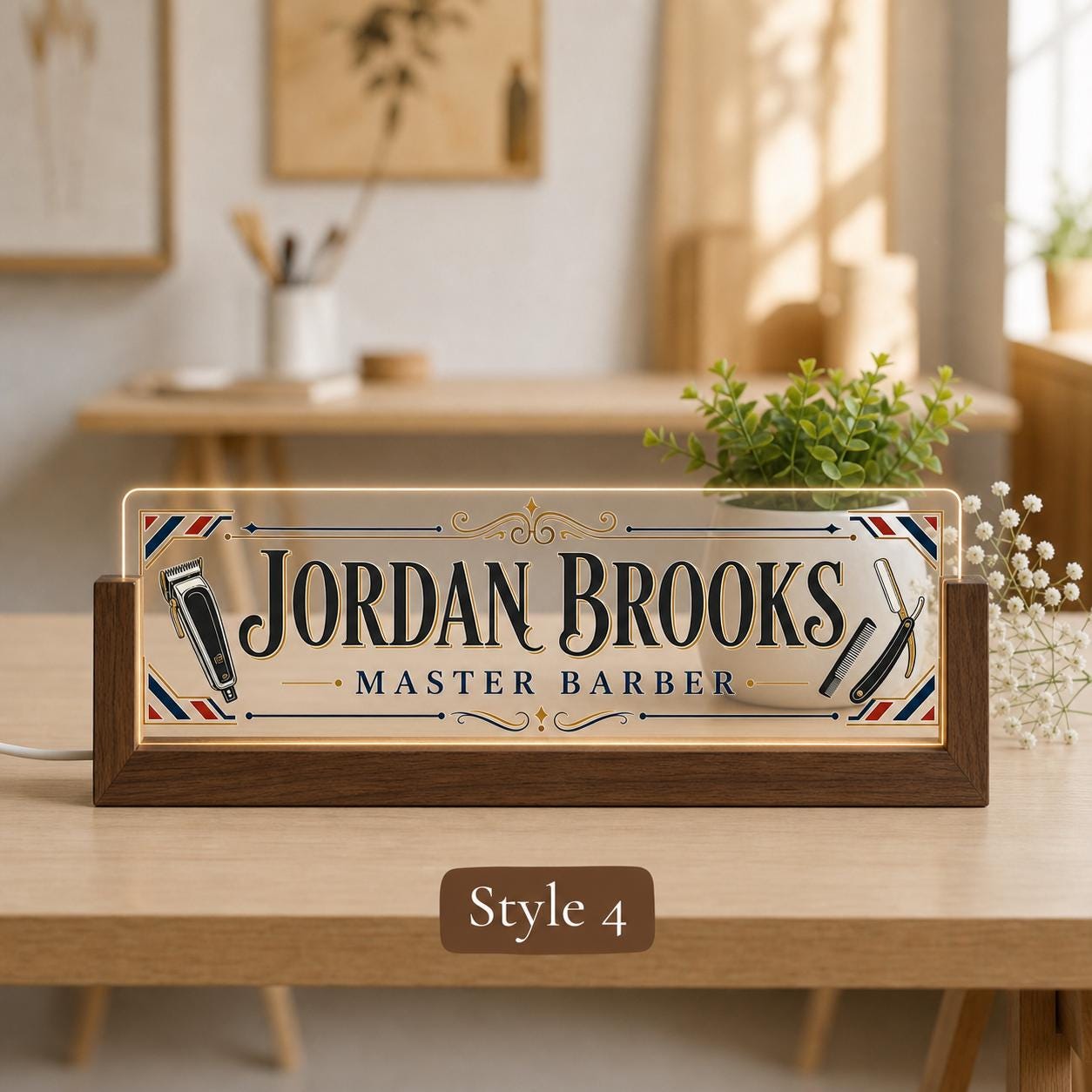 Personalized Barber LED Nameplate, Custom Barbershop Desk Sign, Barber Shop Owner Gift