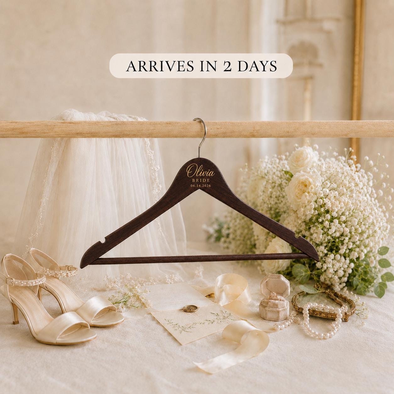 Personalized Wooden Wedding Hanger, Custom Bride Hanger with Name & Date, Bridesmaid Dress Hanger, Bridal Party Gift
