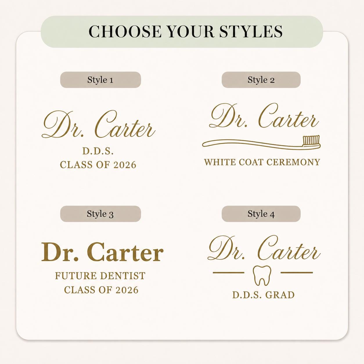 Four design styles available for personalized dentist coat hangers
