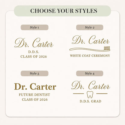 Four design styles available for personalized dentist coat hangers
