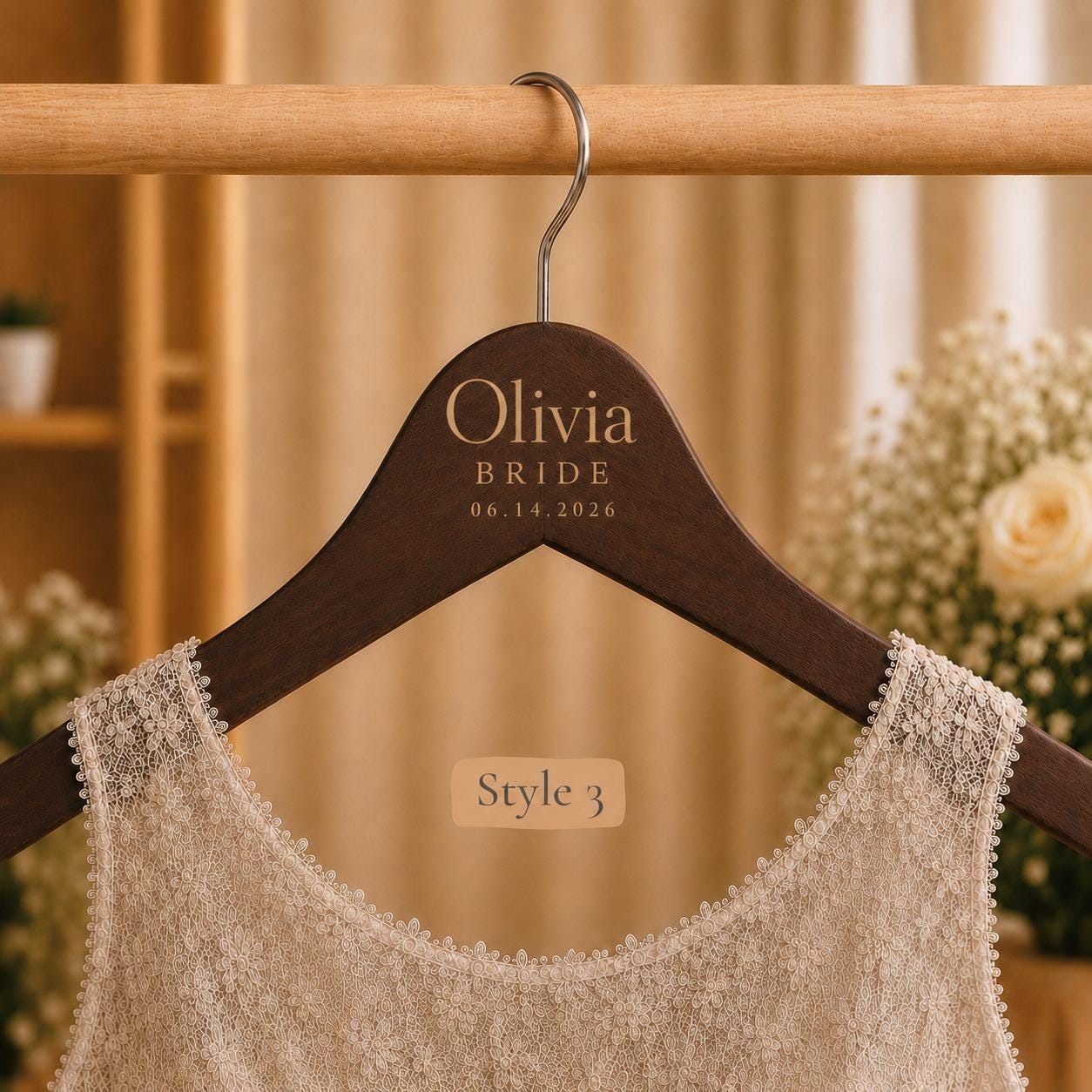 Personalized Dark Wooden Wedding Hanger, Custom Bride Hanger with Name & Date, Bridesmaid Dress Hanger, Bridal Party Gift