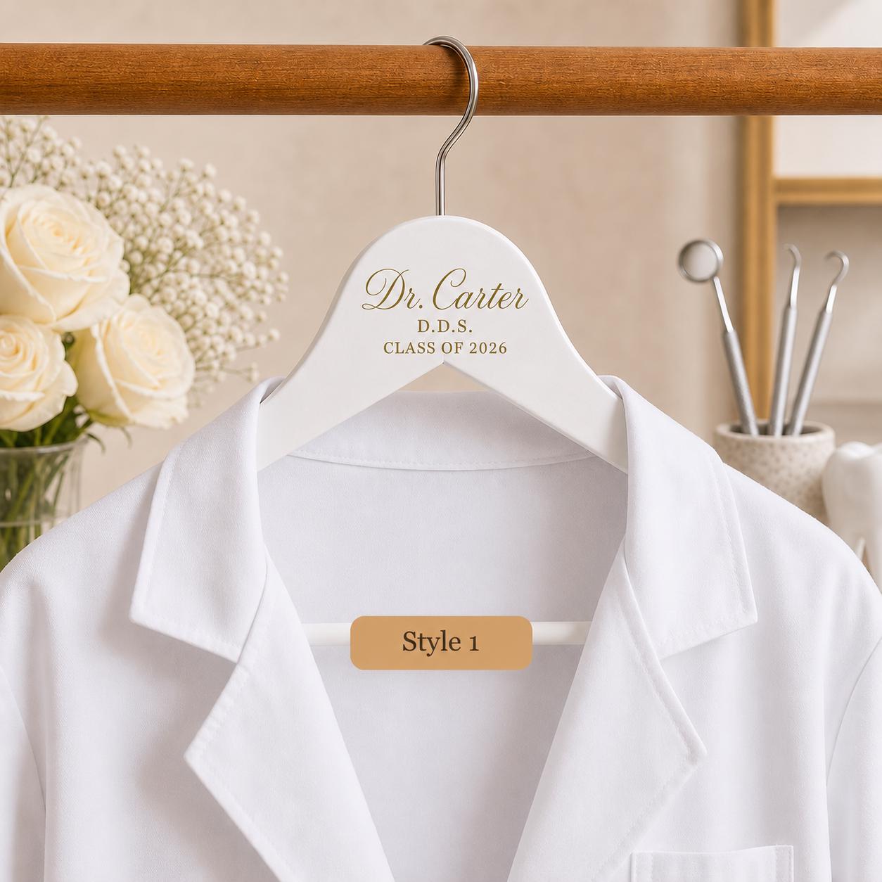 Style 1 personalized dentist hanger holding a white coat