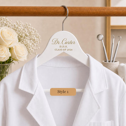 Style 1 personalized dentist hanger holding a white coat