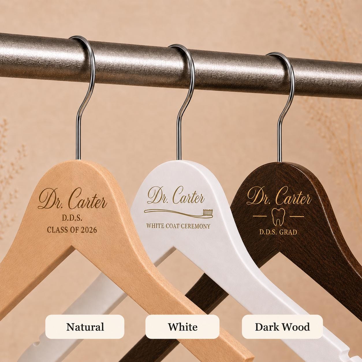 Natural, white, and dark wood dentist coat hanger color options