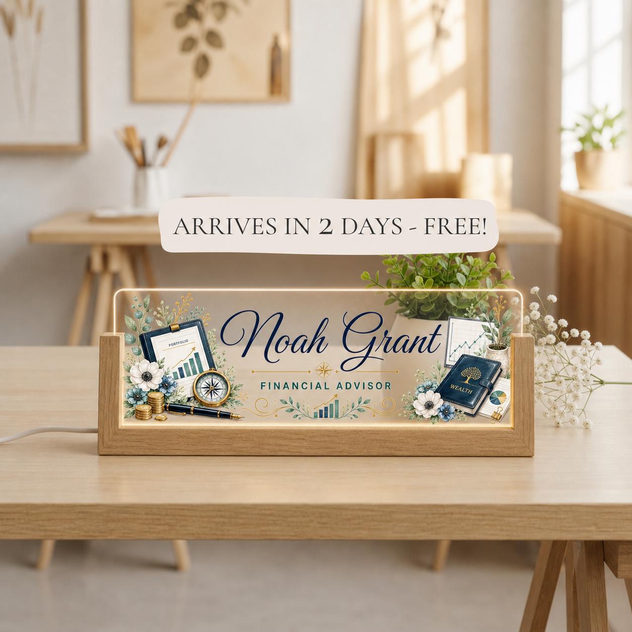 Personalized Financial Advisor LED Nameplate, Custom Finance Desk Sign, Promotion Gift