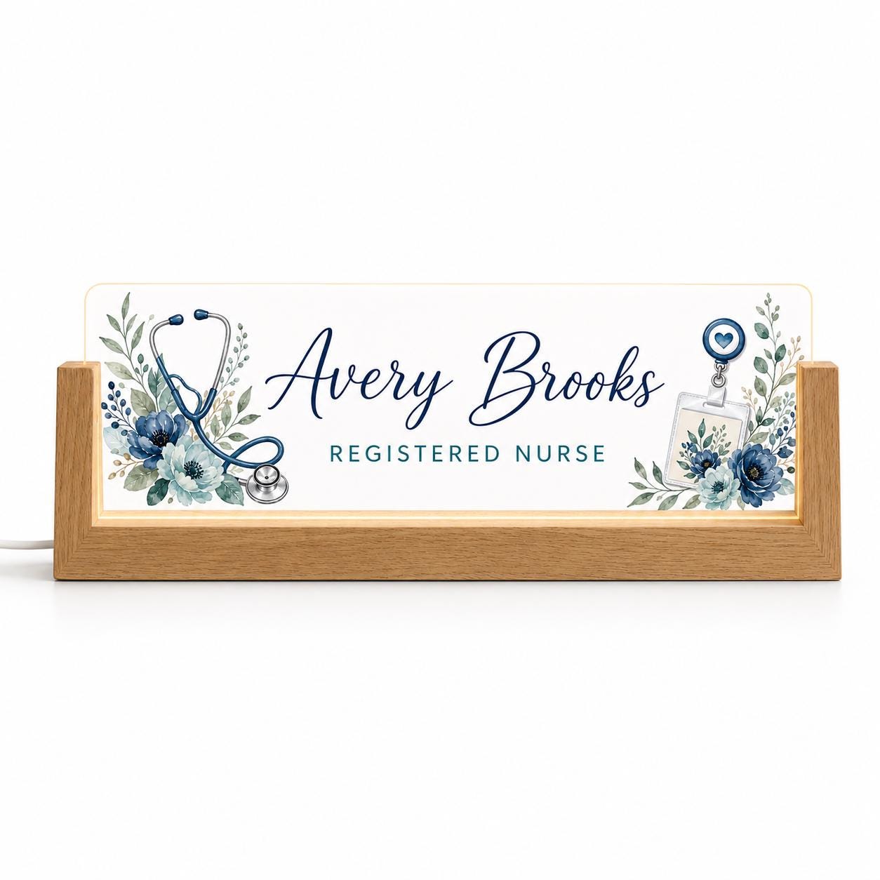 Personalized RN LED Nameplate with a beech wood base