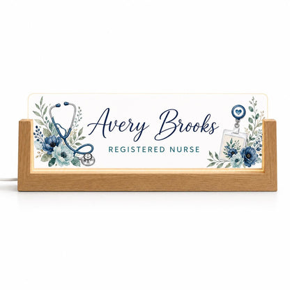 Personalized RN LED Nameplate with a beech wood base