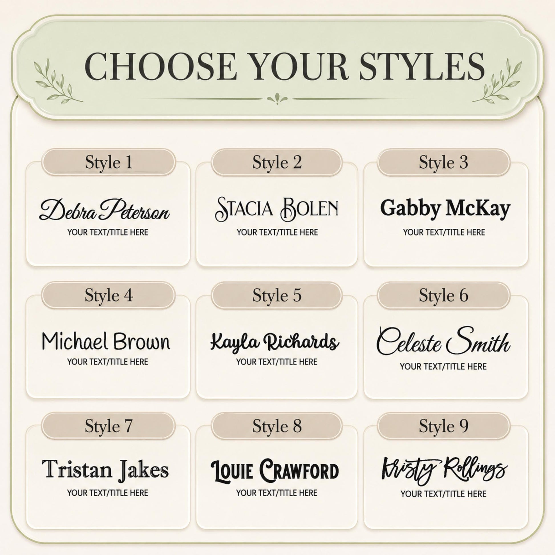 Nine typography styles for the rn acrylic nameplate