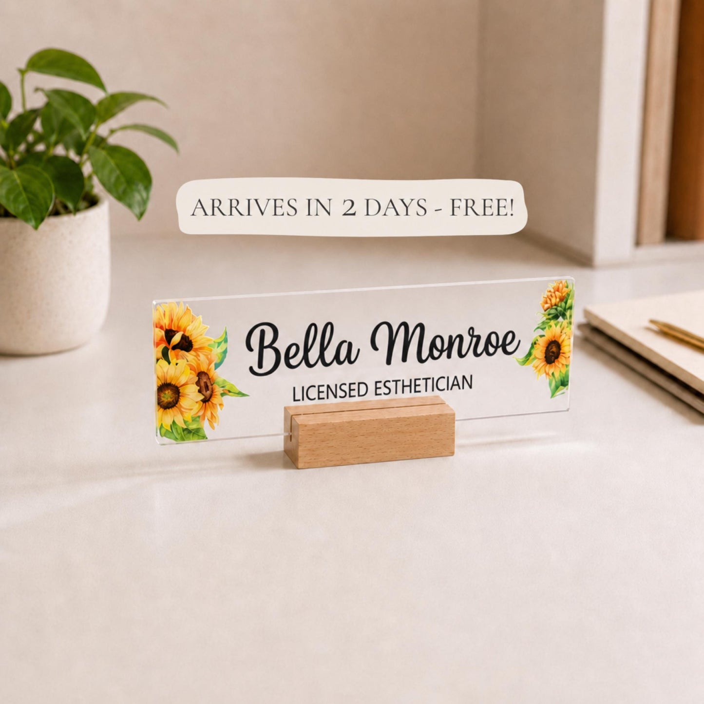 Personalized esthetician acrylic nameplate with shipping text to be cleaned before publishing