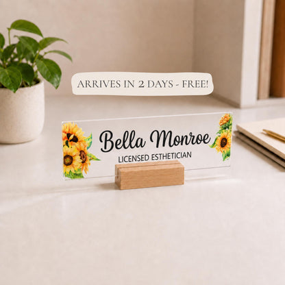 Personalized esthetician acrylic nameplate with shipping text to be cleaned before publishing
