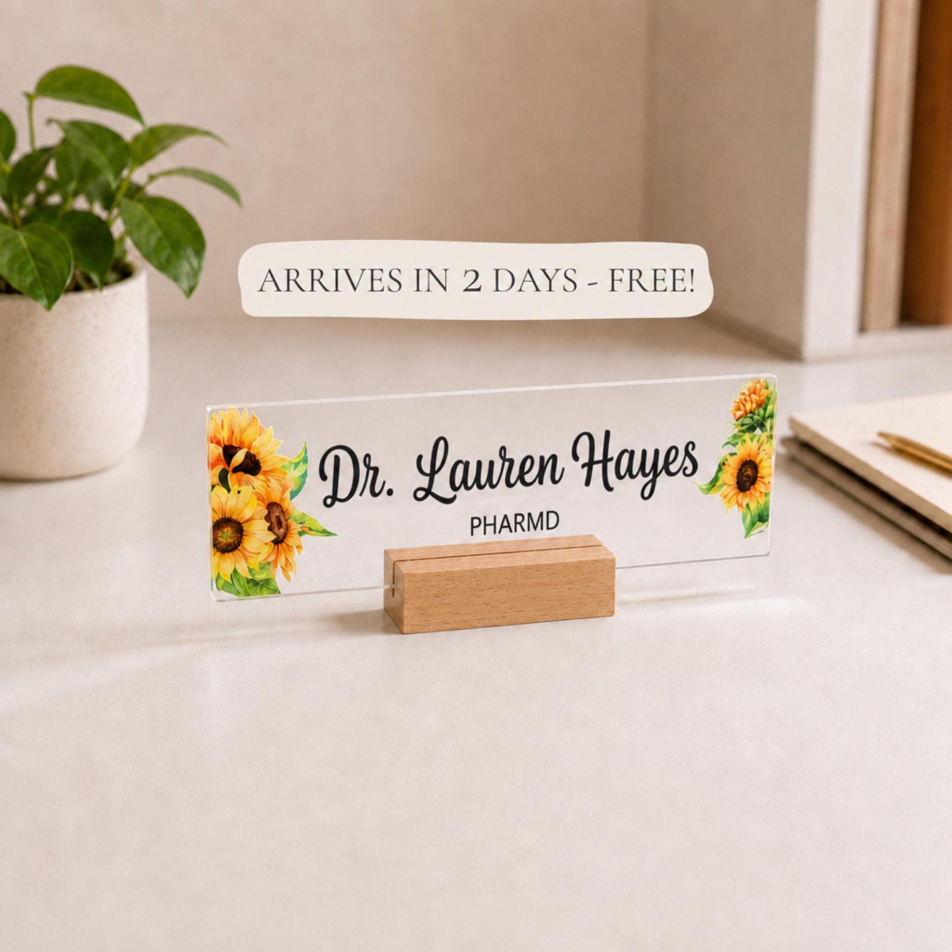 Personalized pharmacist acrylic nameplate with shipping text to be cleaned before publishing