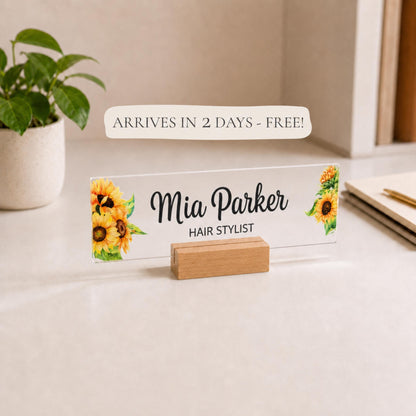 Personalized hair stylist acrylic nameplate with shipping text to be cleaned before publishing