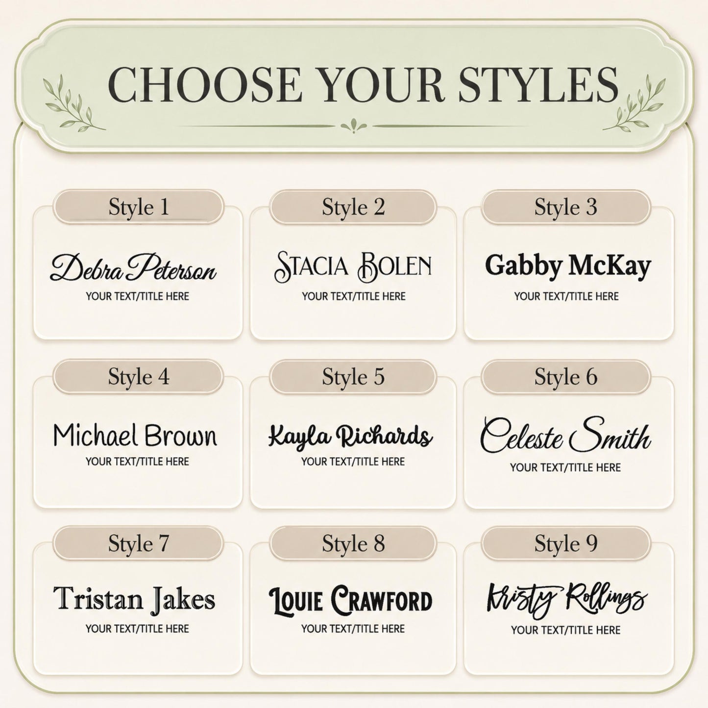 Nine typography styles for the hair stylist acrylic nameplate