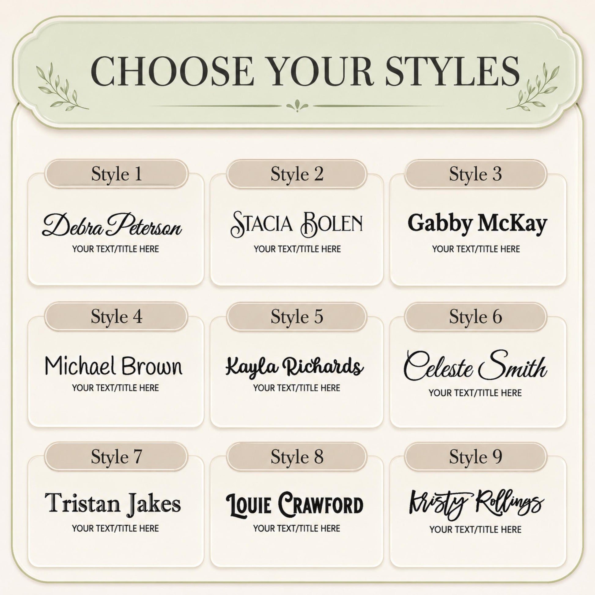 Nine typography styles for the hair stylist acrylic nameplate