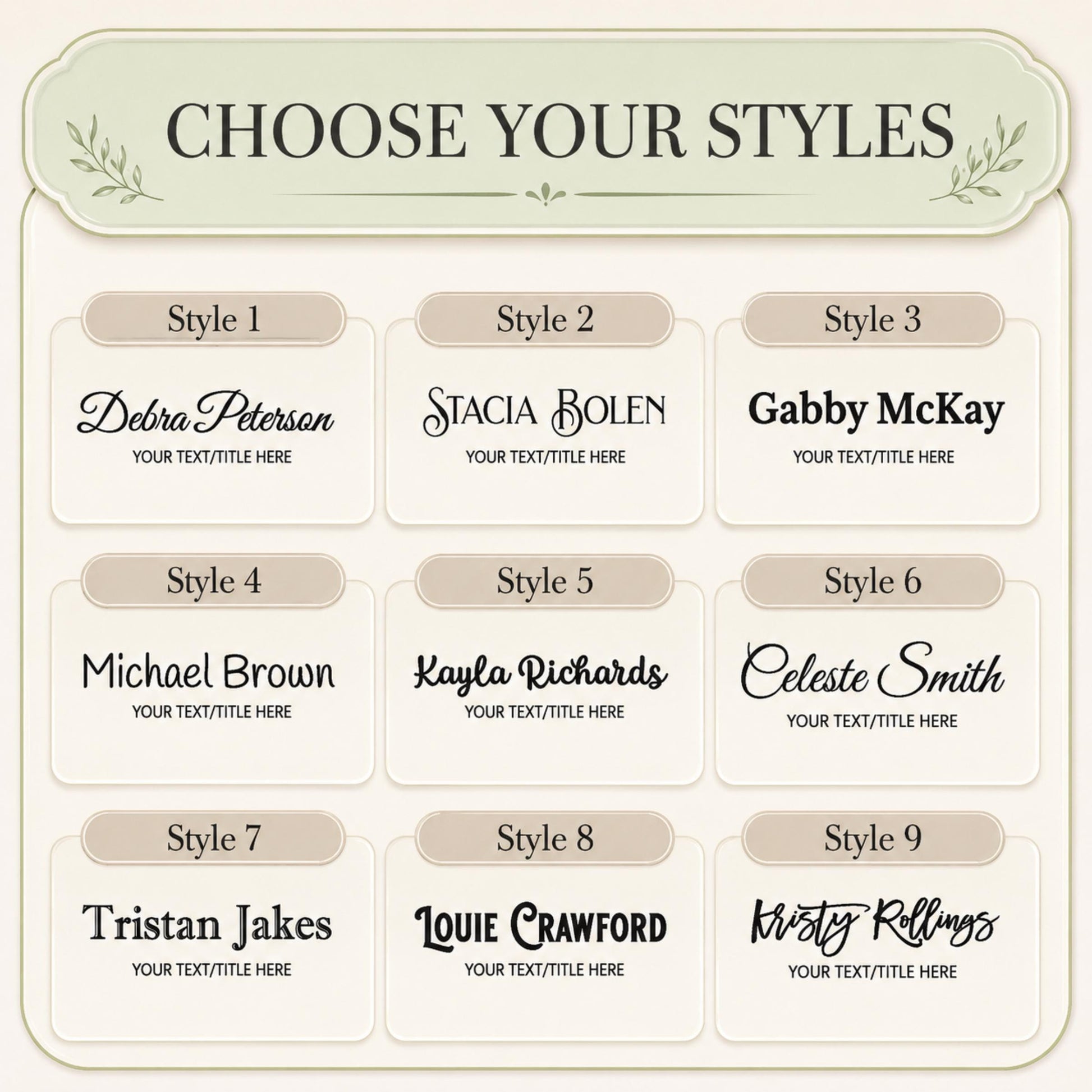 Nine typography styles for the vet tech acrylic nameplate