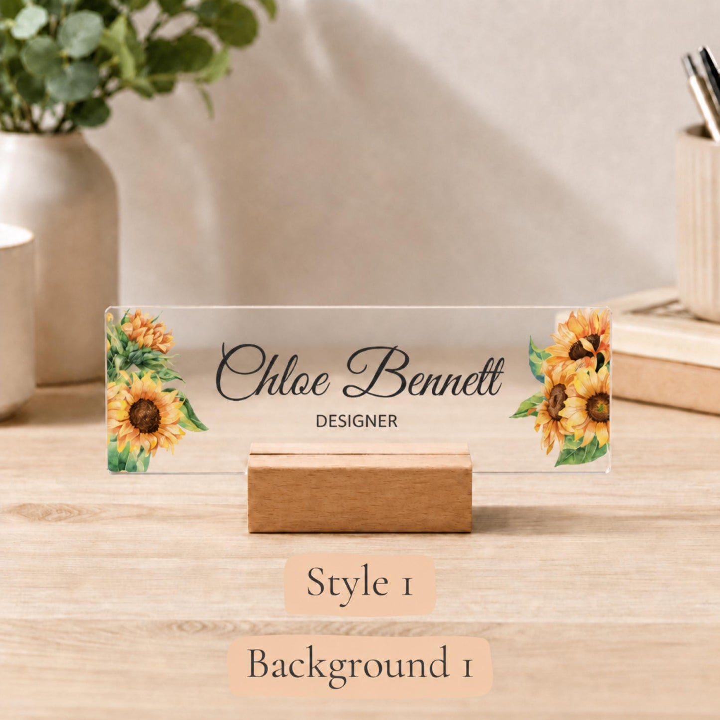 Personalized interior designer acrylic nameplate design example