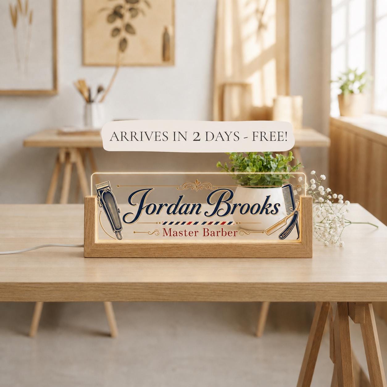 Personalized Barber LED Nameplate, Custom Barbershop Desk Sign, Barber Shop Owner Gift