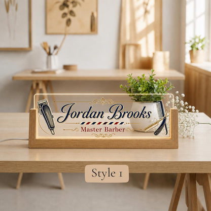Personalized Barber LED Nameplate, Custom Barbershop Desk Sign, Barber Shop Owner Gift