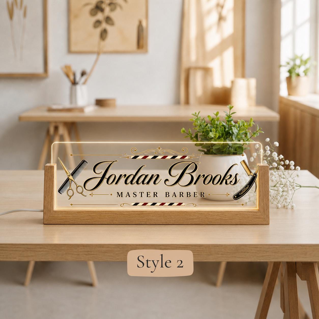 Personalized Barber LED Nameplate, Custom Barbershop Desk Sign, Barber Shop Owner Gift