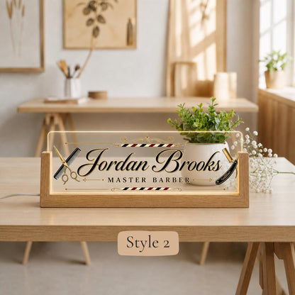 Personalized Barber LED Nameplate, Custom Barbershop Desk Sign, Barber Shop Owner Gift